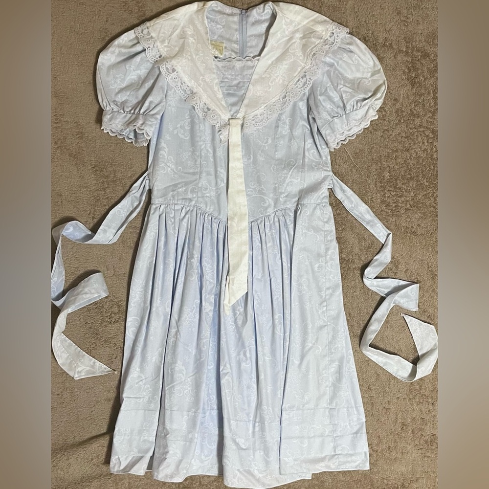 Gunne Sax Blue Dress with White Lace Accents